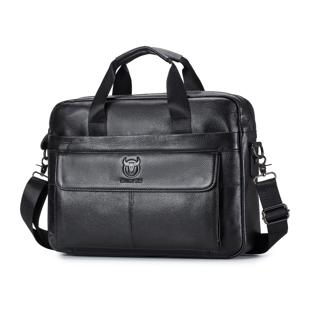 Bolso de cuero para laptop con correa hombro, negro