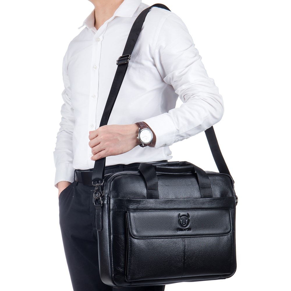 Bolso de cuero para laptop con correa hombro, negro