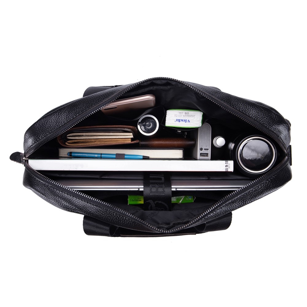 Bolso de cuero para laptop con correa hombro, negro