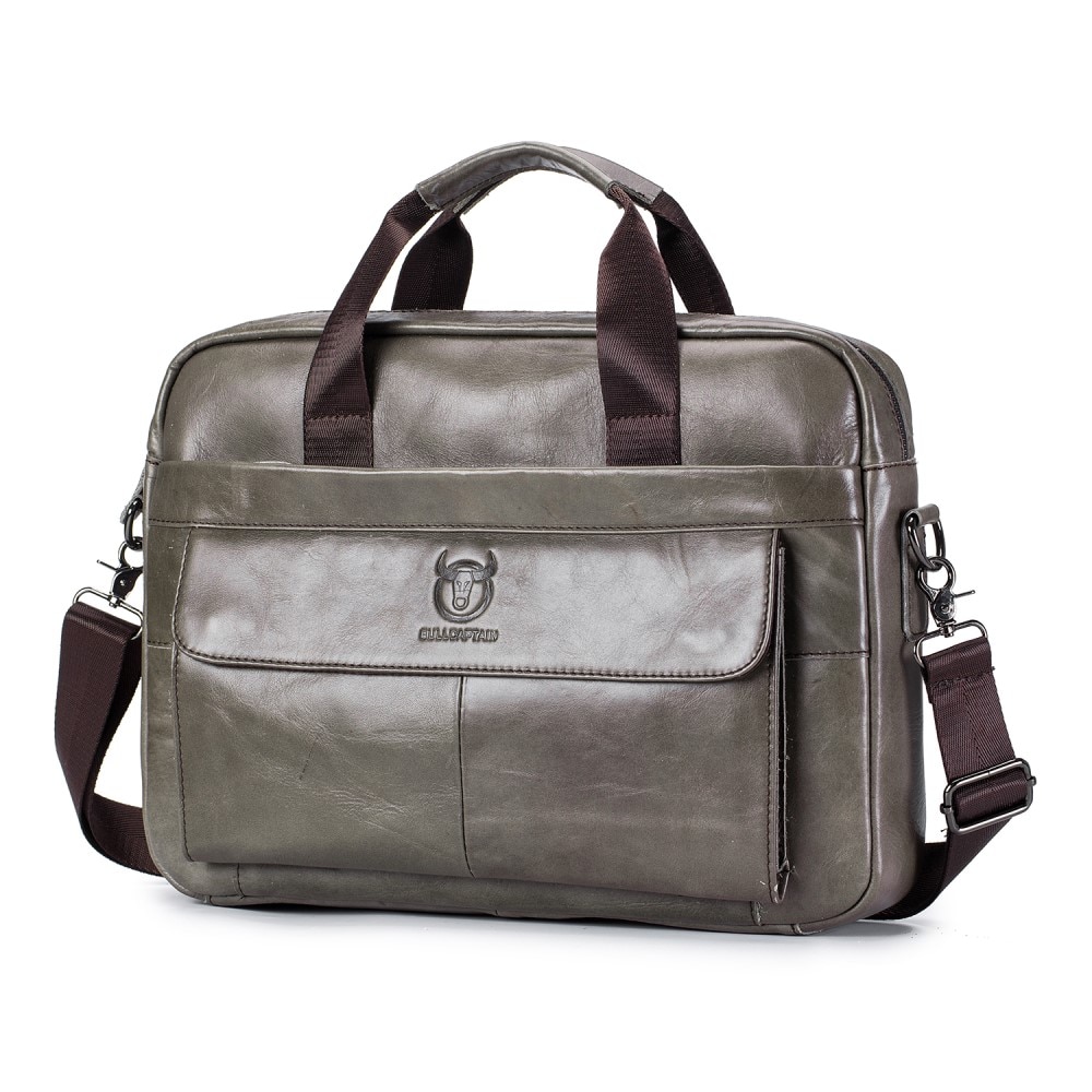 Bolso de cuero para laptop con correa hombro, gris