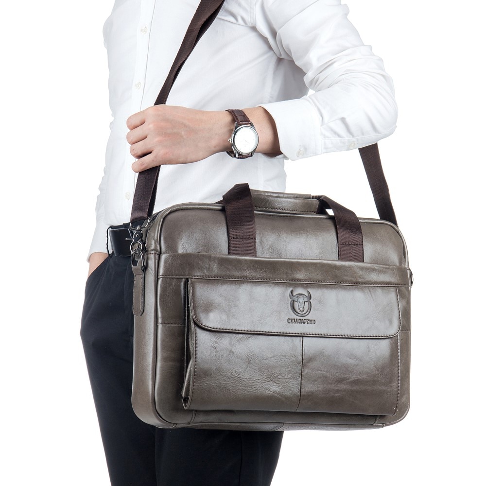 Bolso de cuero para laptop con correa hombro, gris