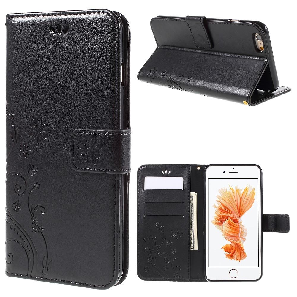 Funda de cuero con mariposas para iPhone 6/6S, negro