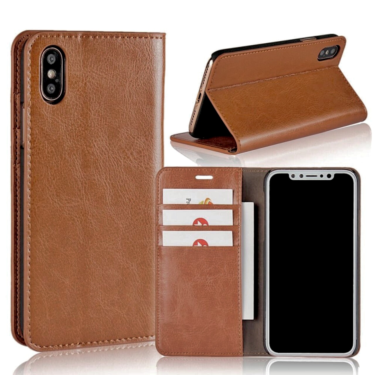 Funda cartera de cuero genuino iPhone X/XS Marrón