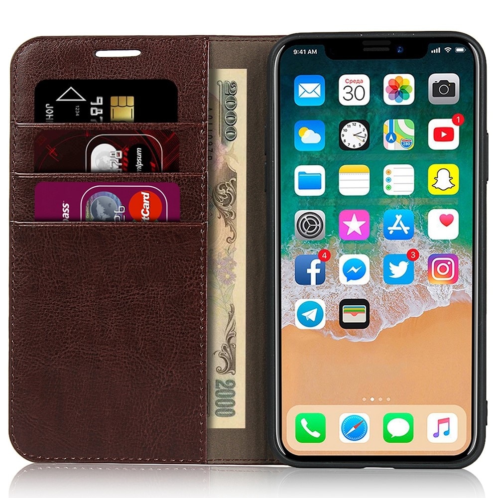 Funda cartera de cuero genuino iPhone XR marrón oscuro