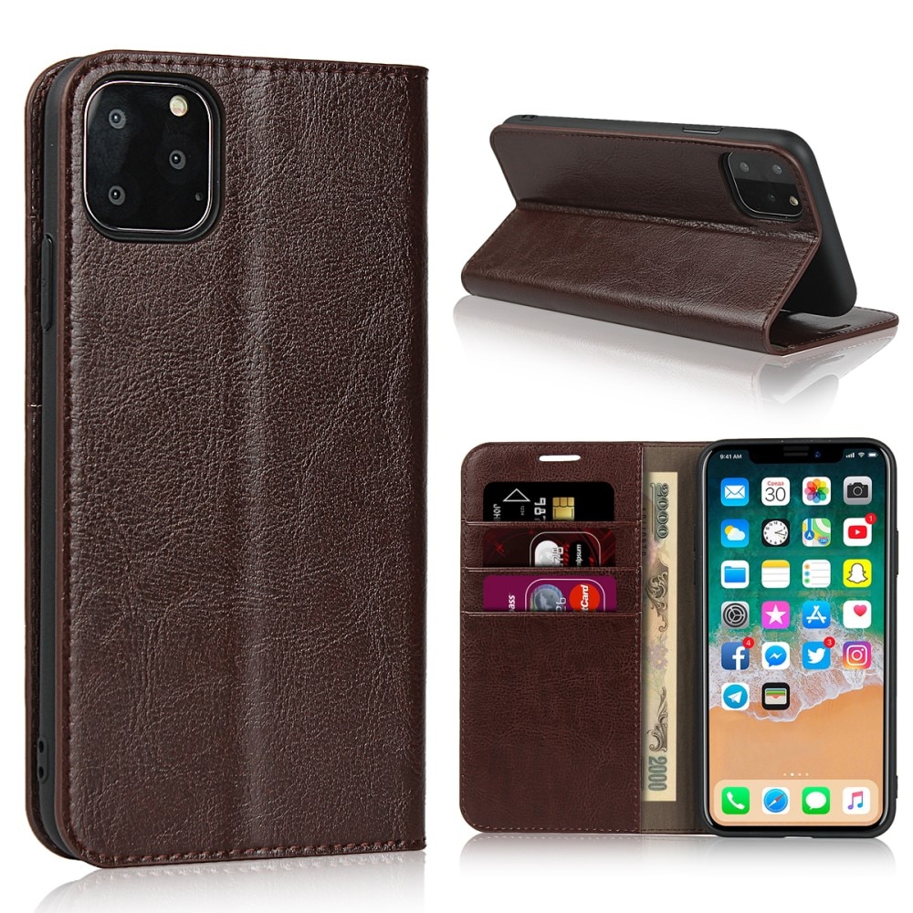 Funda cartera de cuero genuino iPhone 11 Pro marrón oscuro