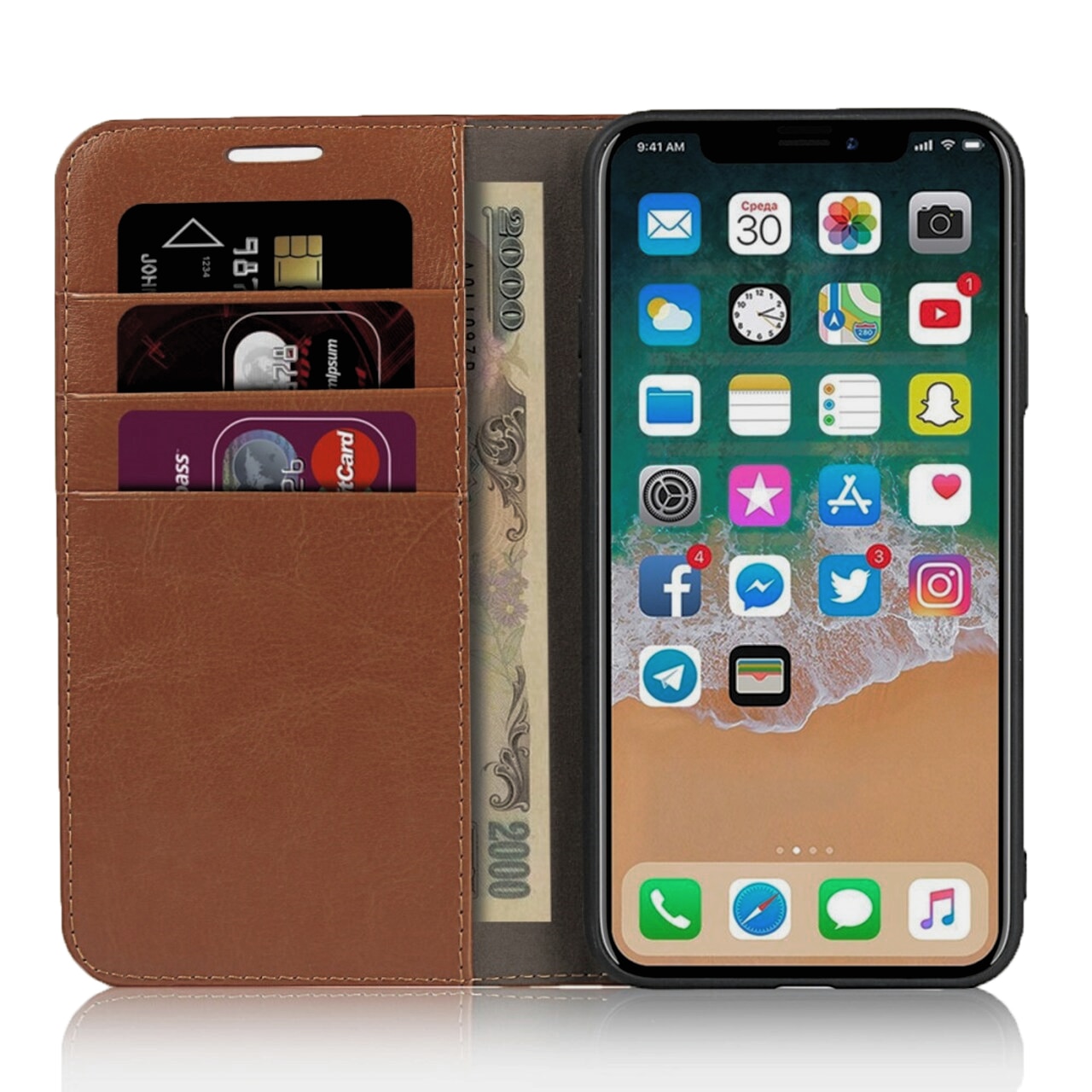 Funda cartera de cuero genuino iPhone 11 Pro marrón