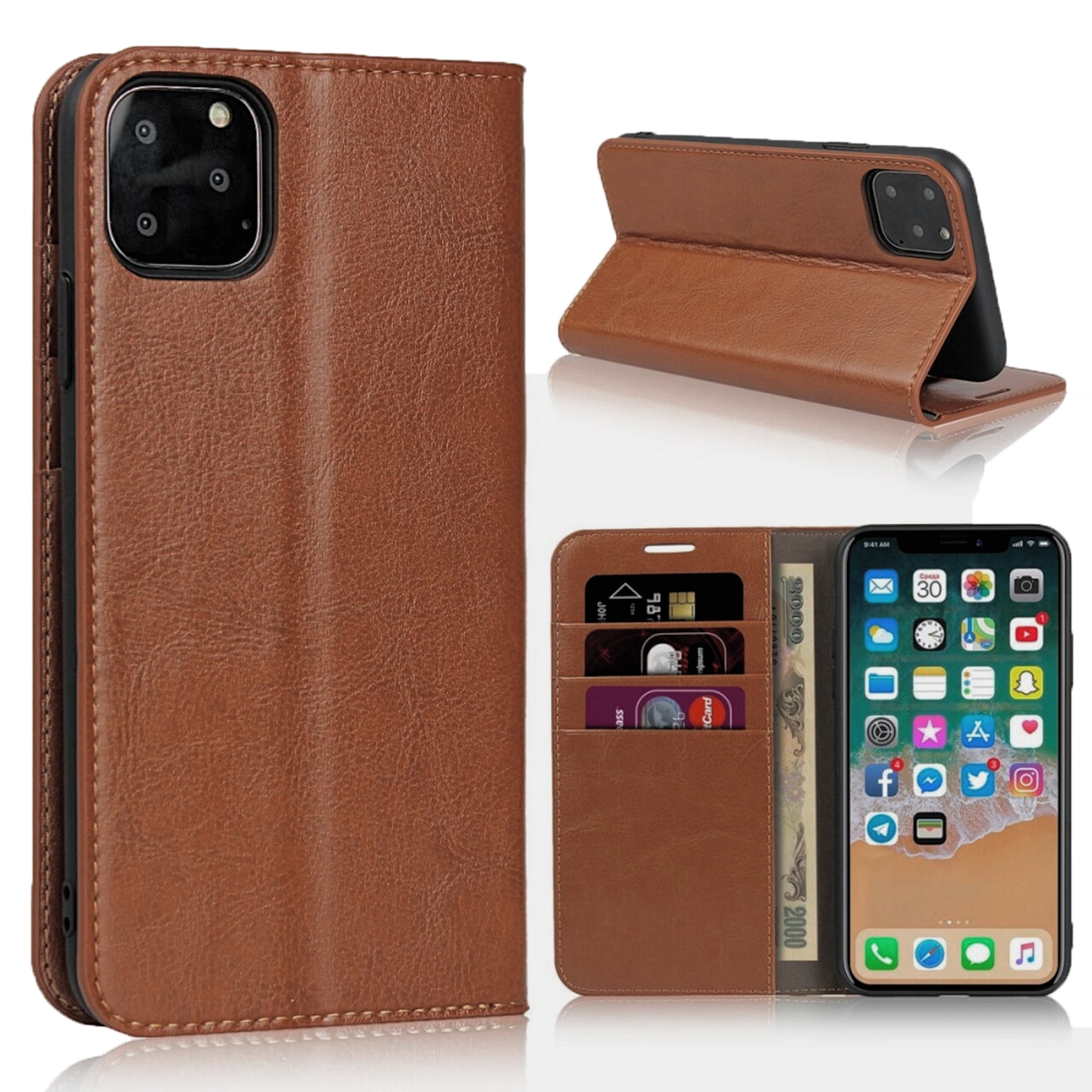 Funda cartera de cuero genuino iPhone 11 Pro marrón