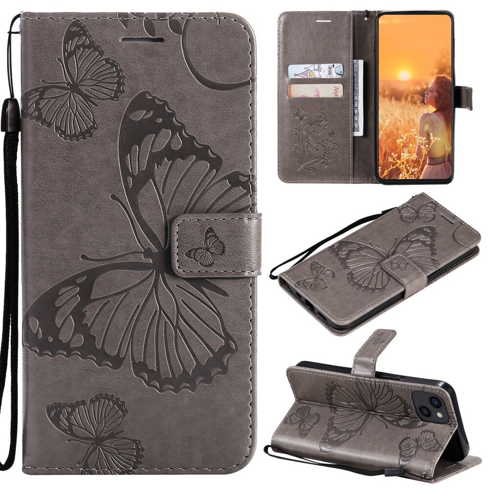 Funda de cuero con mariposas para iPhone 13, gris