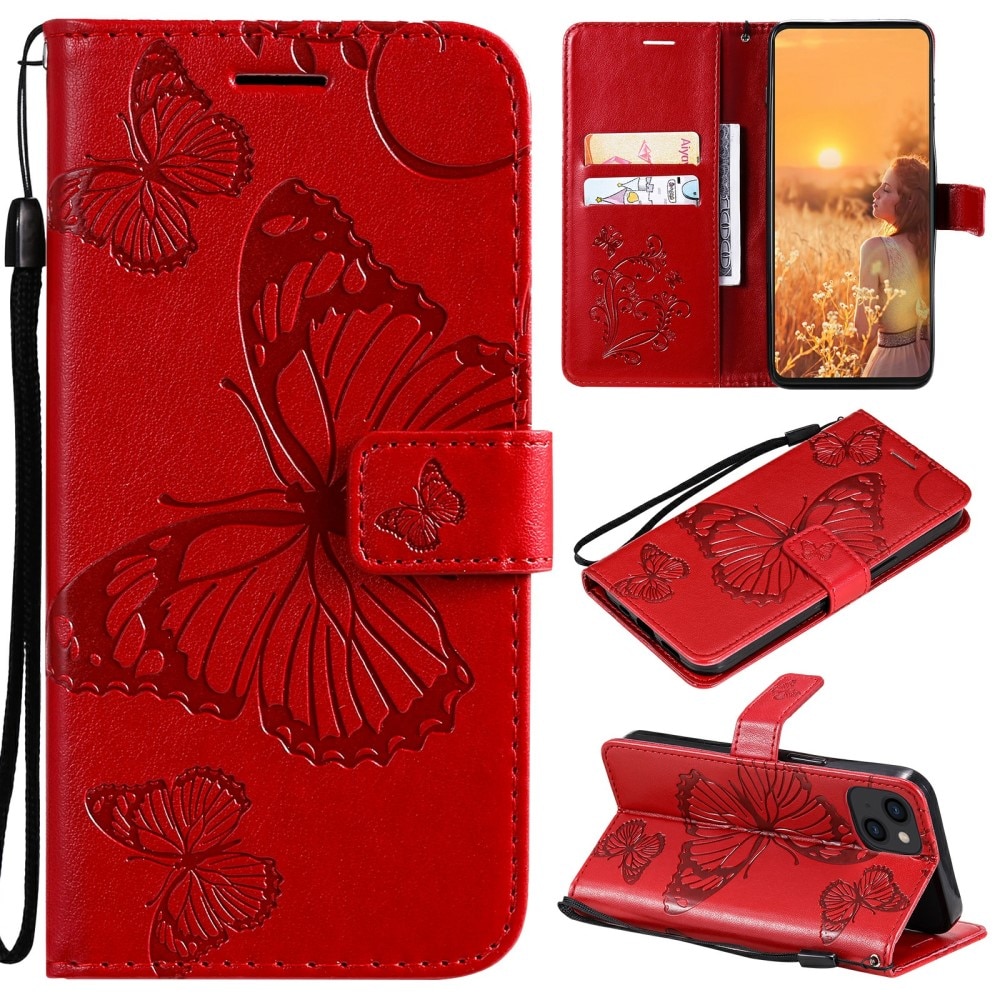 Funda de cuero con mariposas para iPhone 13, rojo