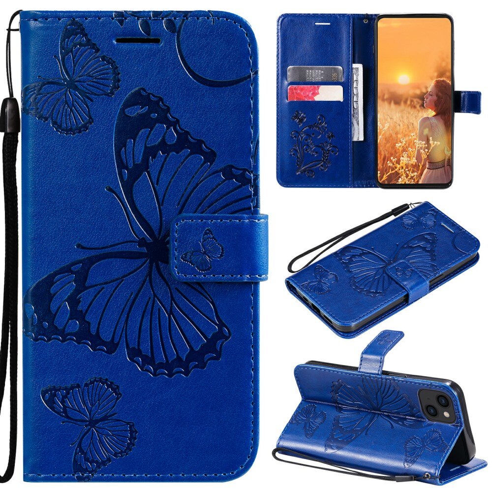 Funda de cuero con mariposas para iPhone 13, azul