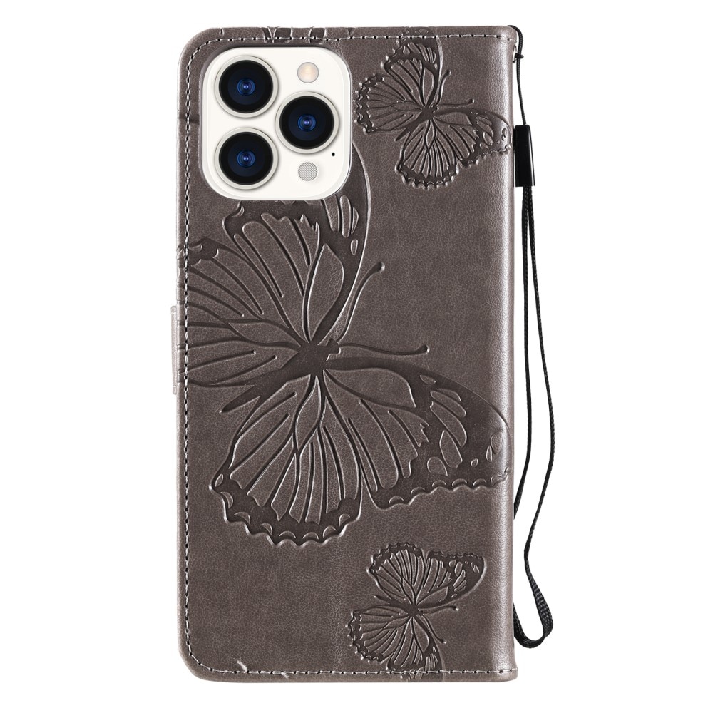 Funda de cuero con mariposas para iPhone 13 Pro, gris