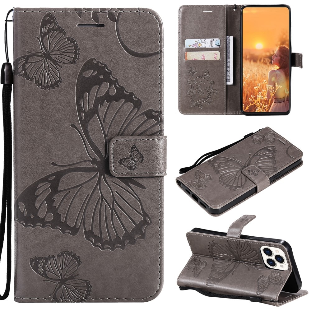 Funda de cuero con mariposas para iPhone 13 Pro, gris