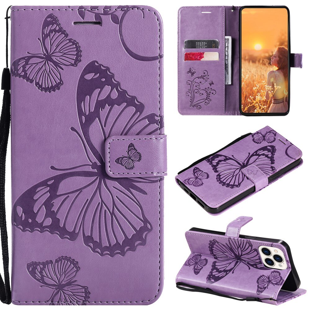 Funda de cuero con mariposas para iPhone 13 Pro, violeta