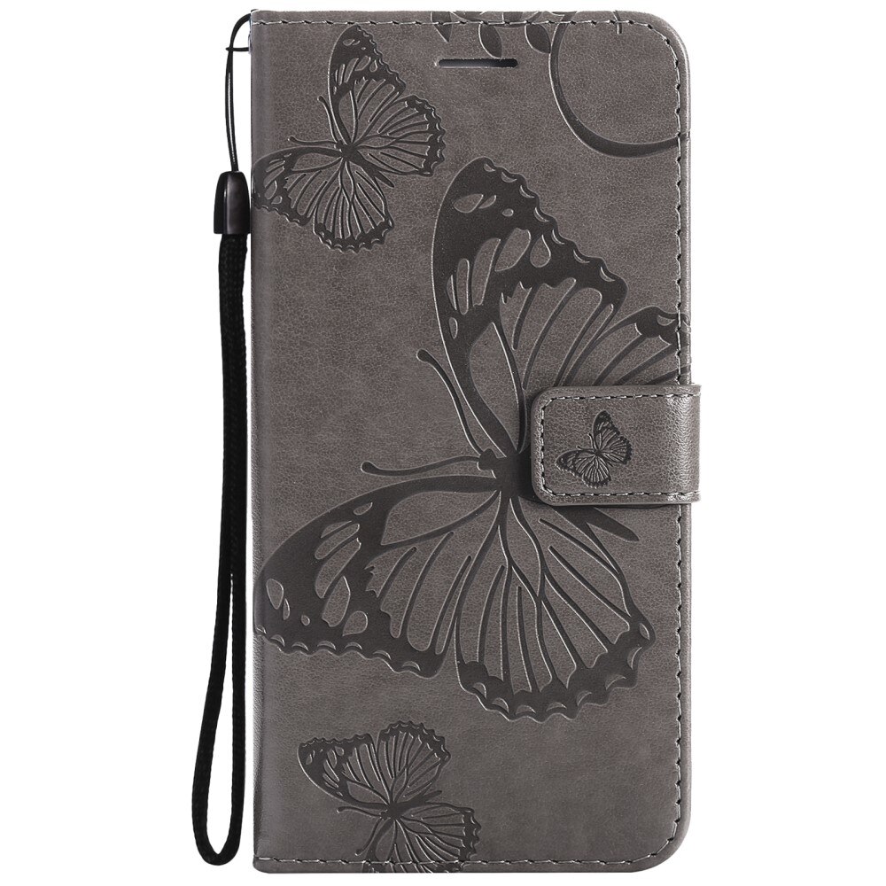 Funda de cuero con mariposas para iPhone 13 Mini, gris