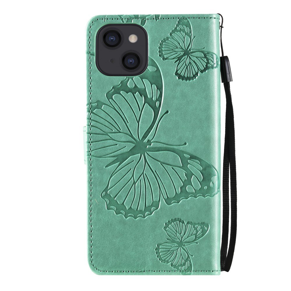 Funda de cuero con mariposas para iPhone 13 Mini, verde