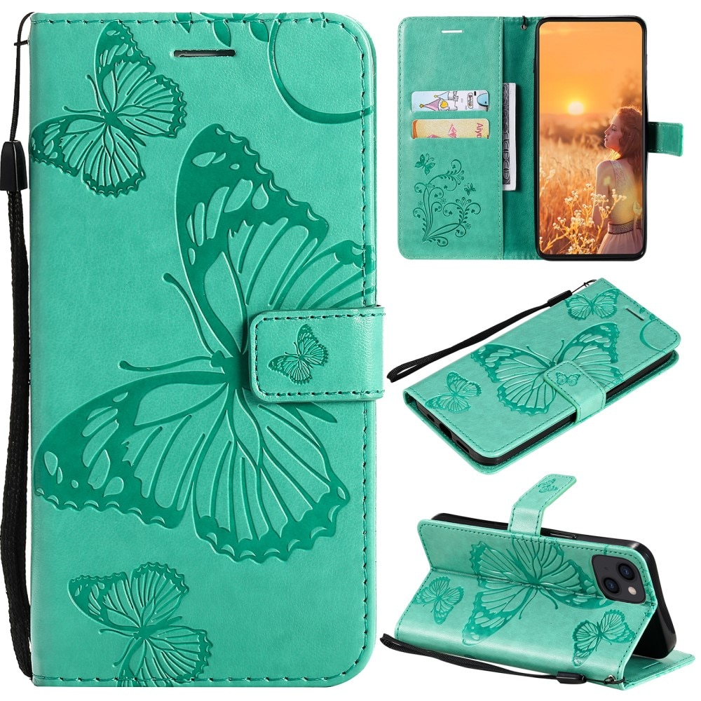 Funda de cuero con mariposas para iPhone 13 Mini, verde