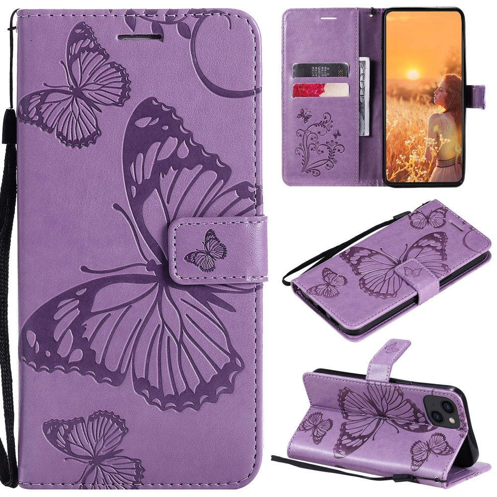 Funda de cuero con mariposas para iPhone 13 Mini, violeta