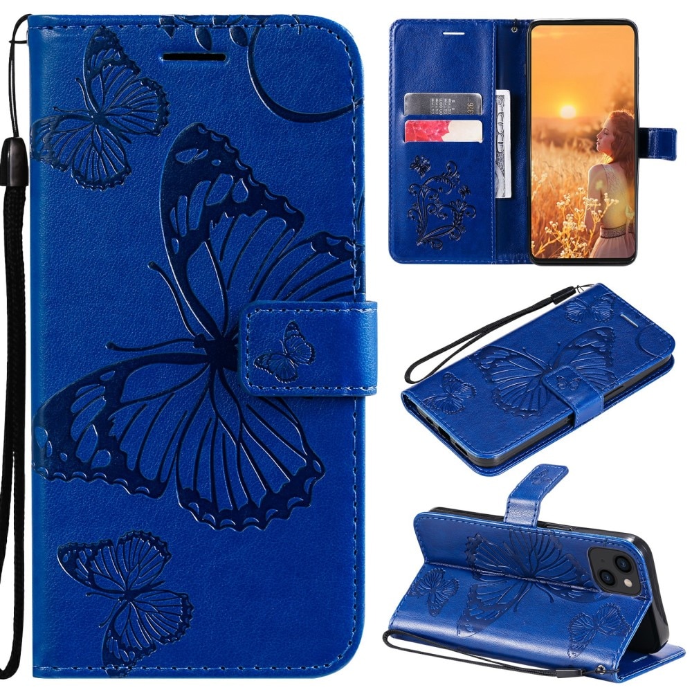 Funda de cuero con mariposas para iPhone 13 Mini, azul