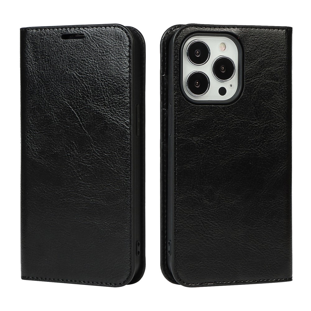 Funda cartera de cuero genuino iPhone 12/iPhone 12 Pro Negro