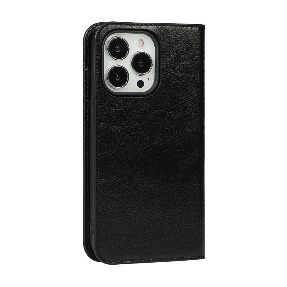 Funda cartera de cuero genuino iPhone 13 Pro negro