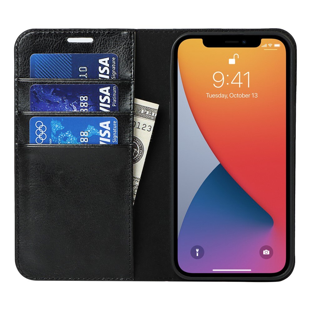 Funda cartera de cuero genuino iPhone 12/iPhone 12 Pro Negro