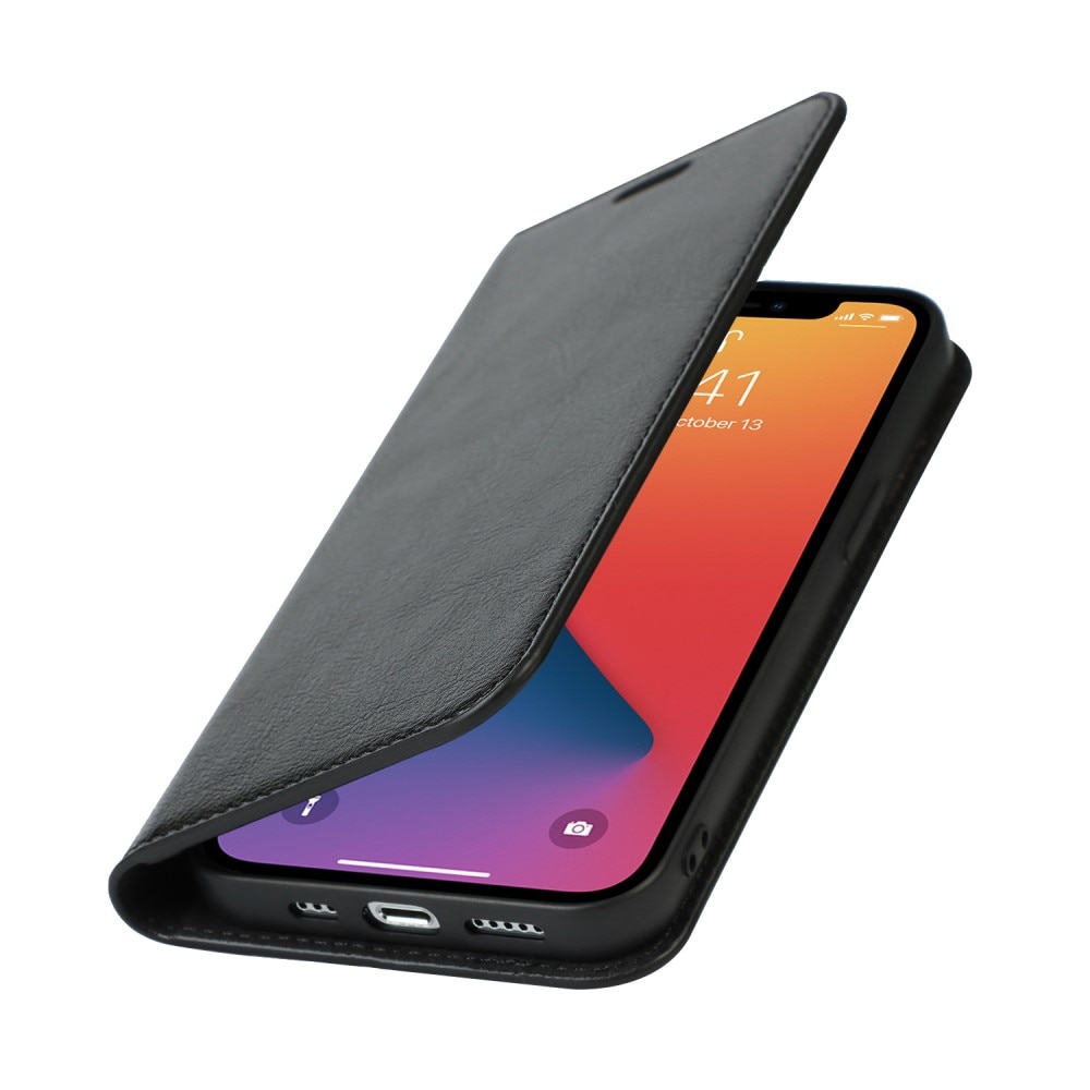Funda cartera de cuero genuino iPhone 12/iPhone 12 Pro Negro