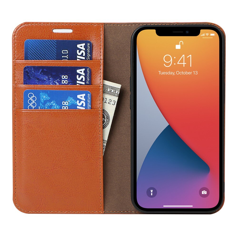 Funda cartera de cuero genuino iPhone 12/iPhone 12 Pro Marrón