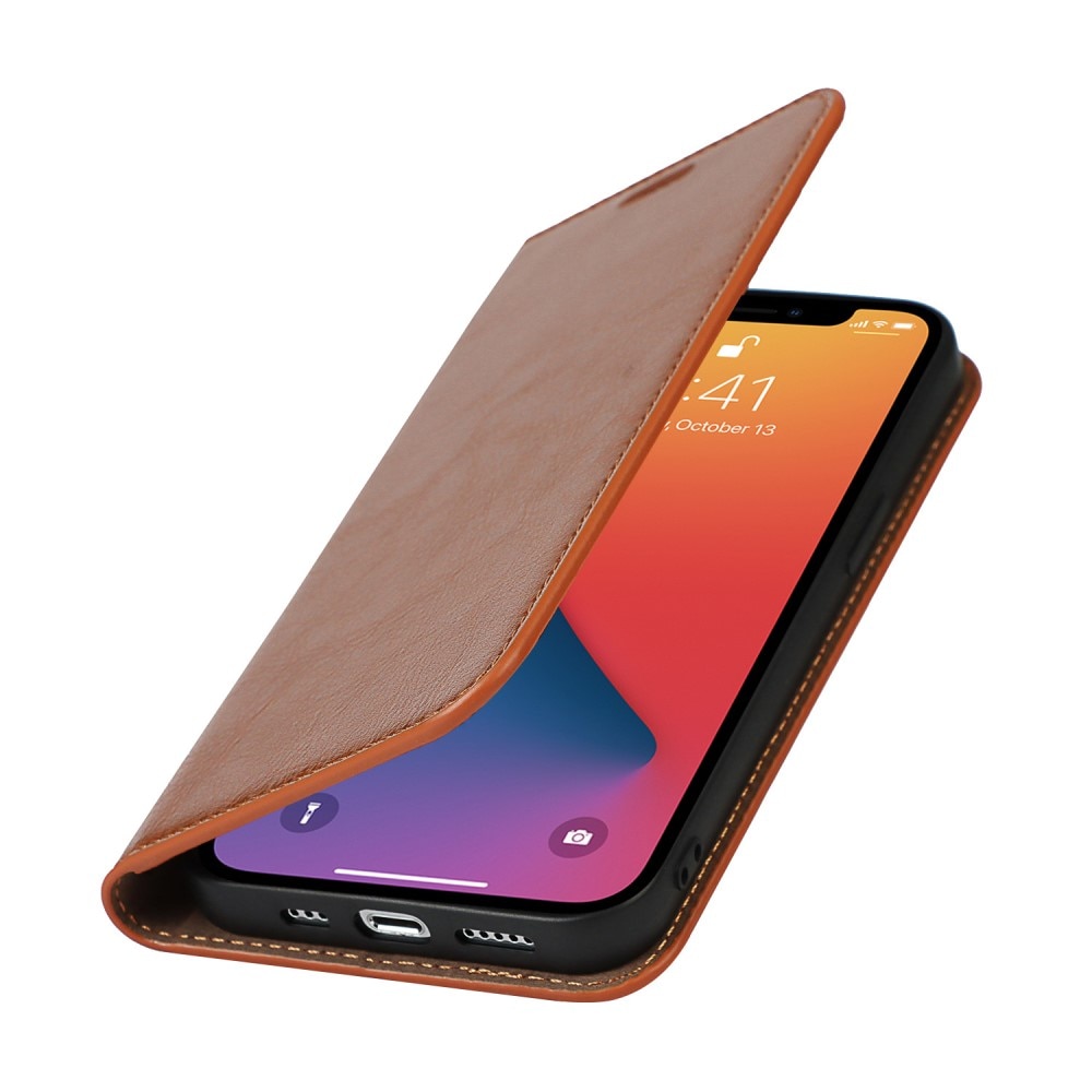 Funda cartera de cuero genuino iPhone 12/iPhone 12 Pro Marrón