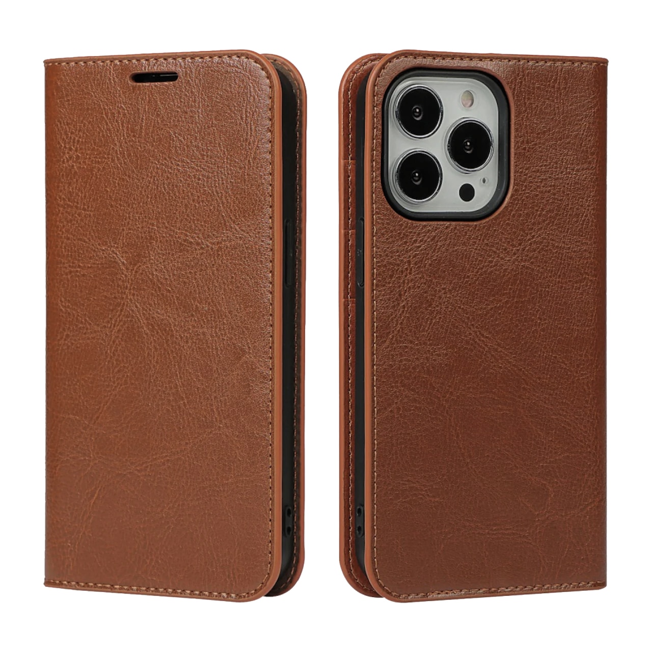 Funda cartera de cuero genuino iPhone 13 Pro marrón