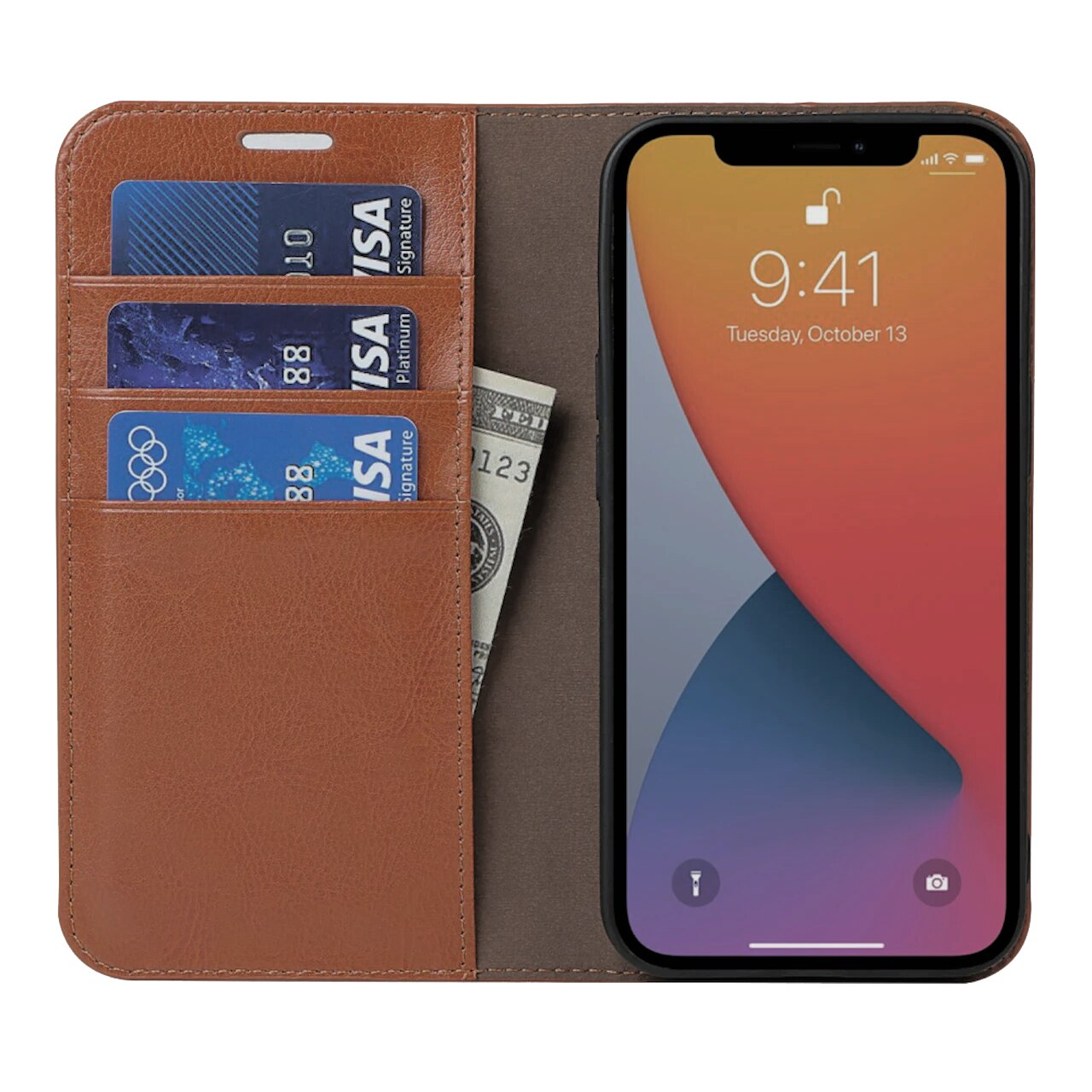 Funda cartera de cuero genuino iPhone 13 Pro Marrón