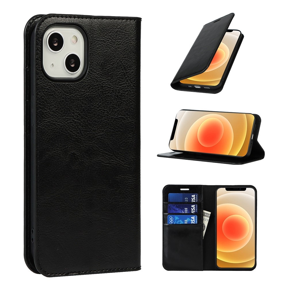 Funda cartera de cuero genuino iPhone 13 Negro