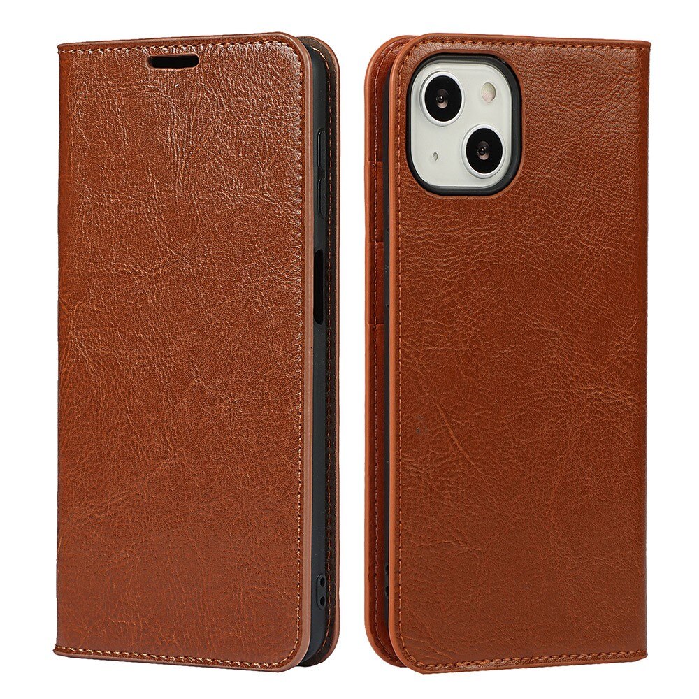 Funda cartera de cuero genuino iPhone 13 Marrón
