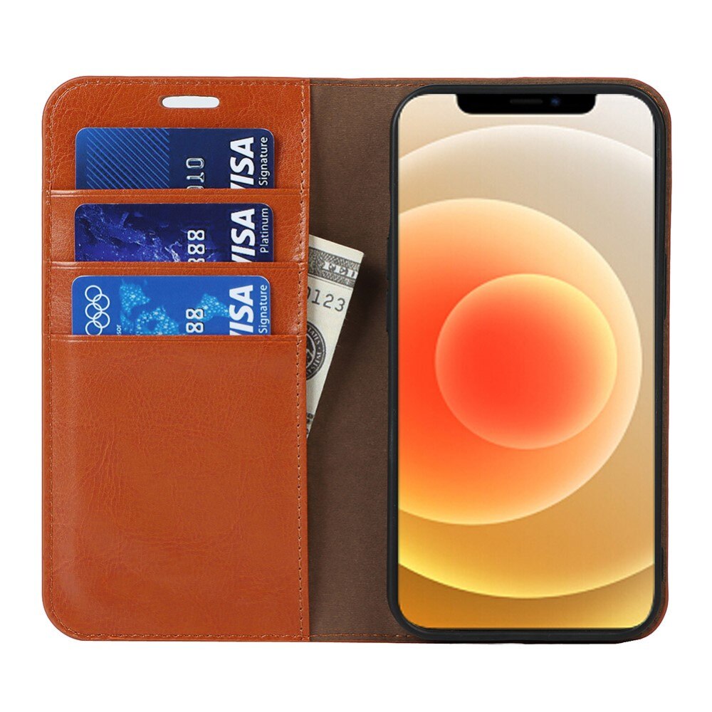 Funda cartera de cuero genuino iPhone 13 Marrón