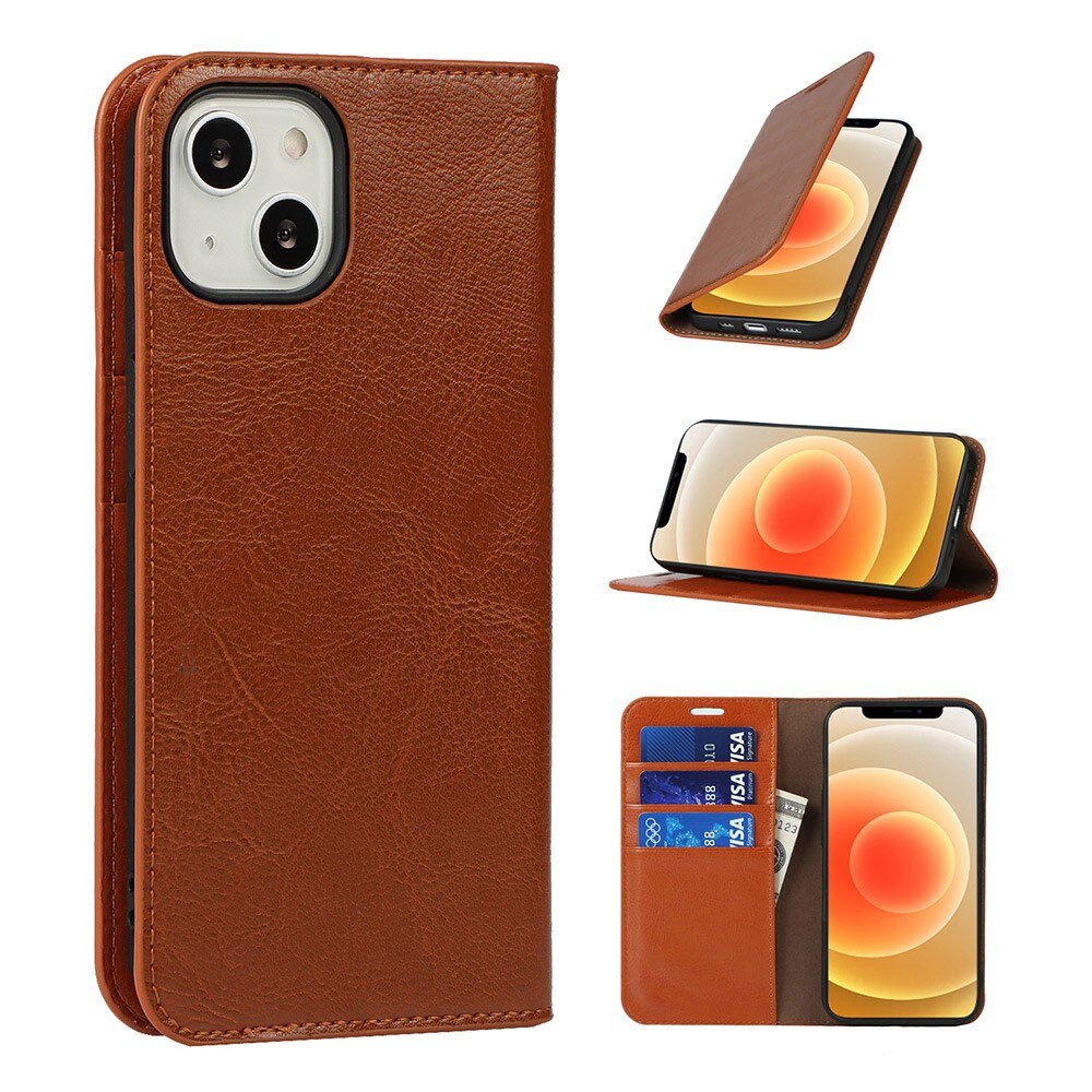 Funda cartera de cuero genuino iPhone 13 Marrón
