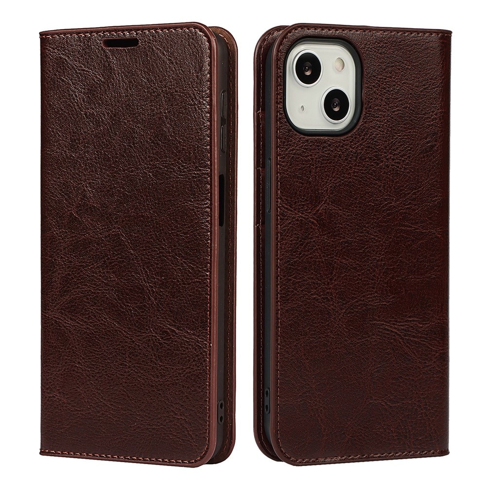 Funda cartera de cuero genuino iPhone 13 marrón oscuro