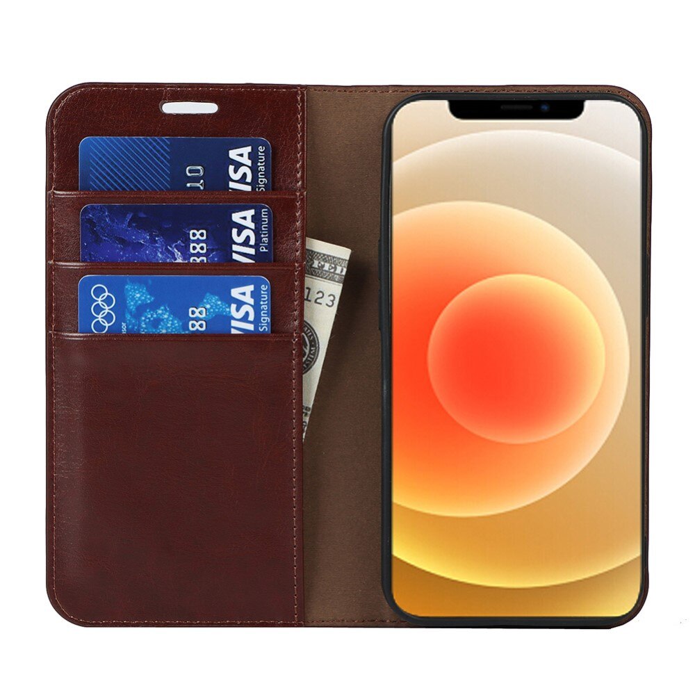 Funda cartera de cuero genuino iPhone 13 Marrón oscuro