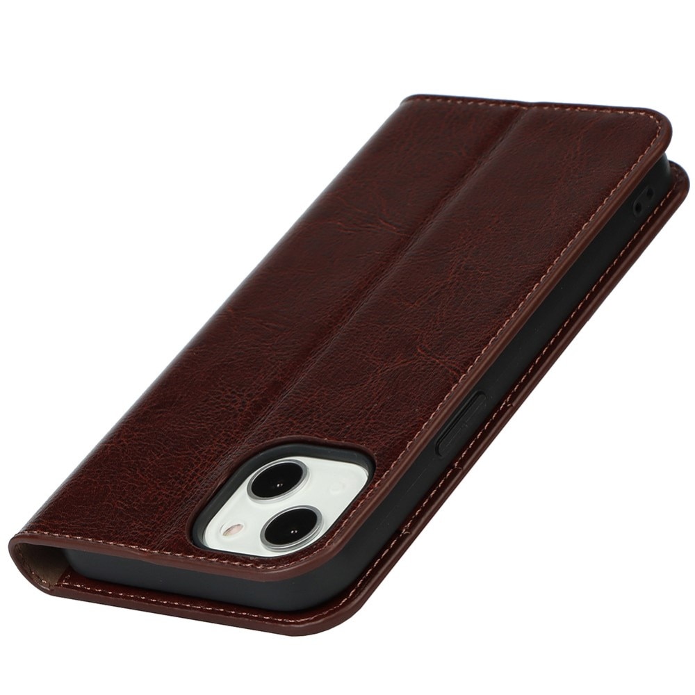 Funda cartera de cuero genuino iPhone 13 marrón oscuro
