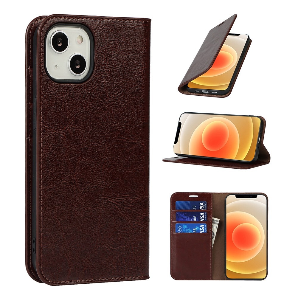 Funda cartera de cuero genuino iPhone 13 Marrón oscuro