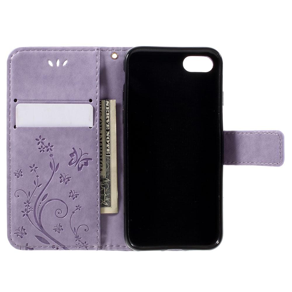 Funda de cuero con mariposas para iPhone SE (2022), violeta