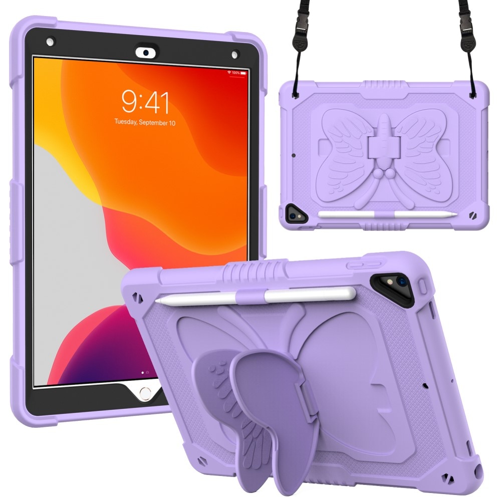 Funda híbrida con mariposas para iPad 10.2 8th Gen (2020) con bandolera lila