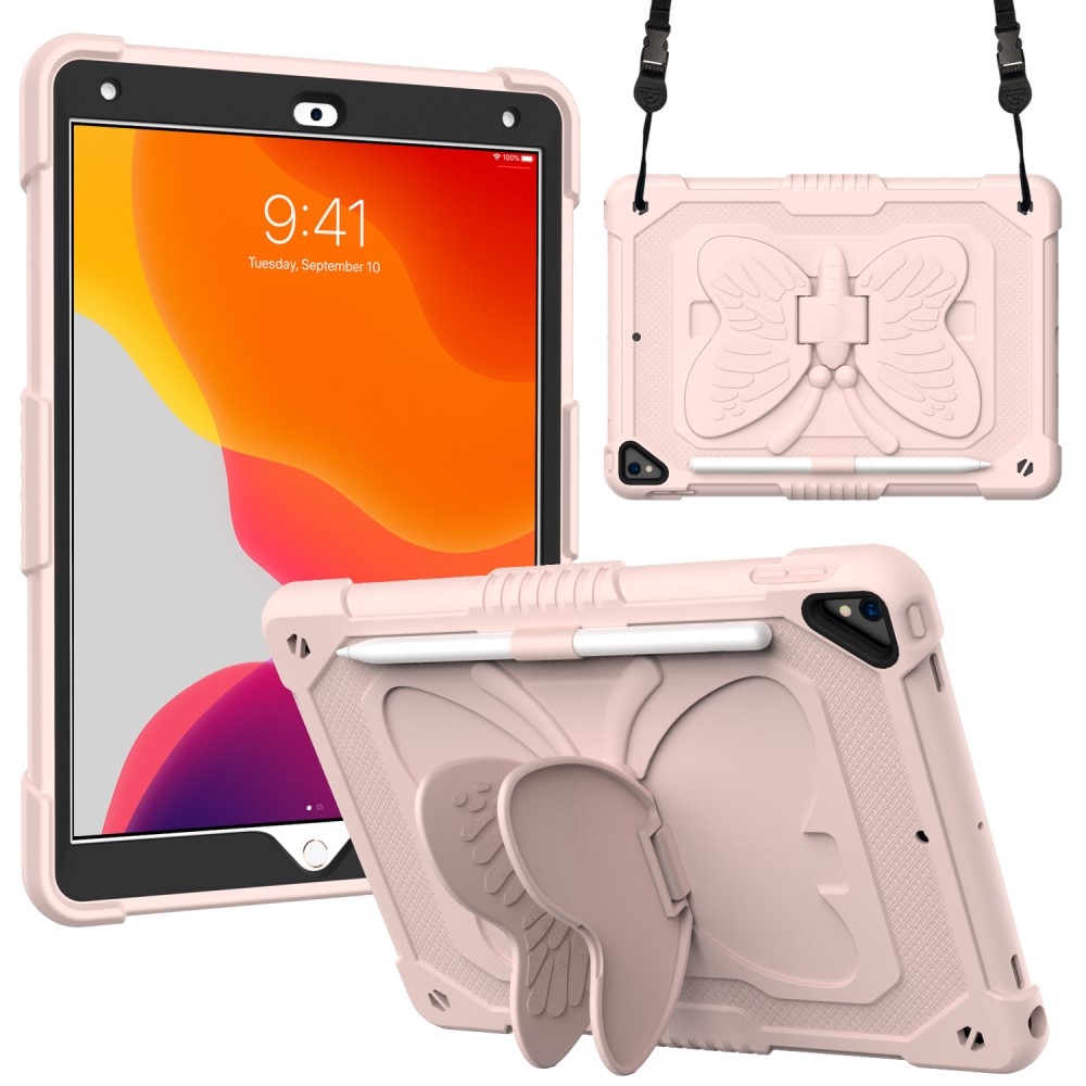 Funda híbrida con mariposas para iPad 10.2 7th Gen (2019) con bandolera rosado