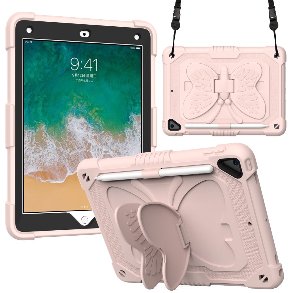 Funda híbrida con mariposas para iPad 9.7/Air 2/Air con bandolera rosado