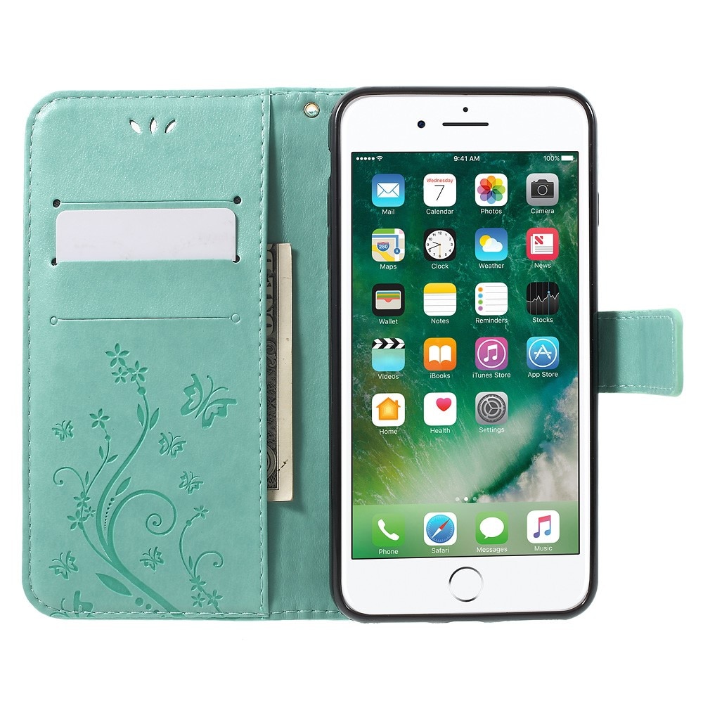 Funda de cuero con mariposas para iPhone 7 Plus/8 Plus, verde