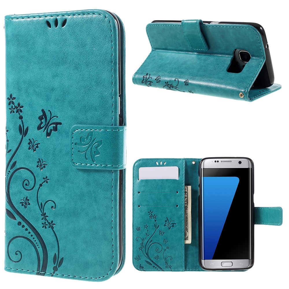 Funda de cuero con mariposas para Samsung Galaxy S7 Edge, azul