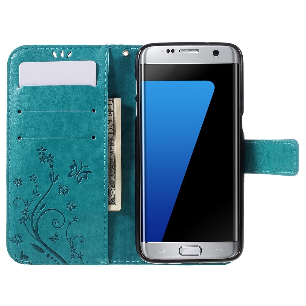 Funda de cuero con mariposas para Samsung Galaxy S7 Edge, azul