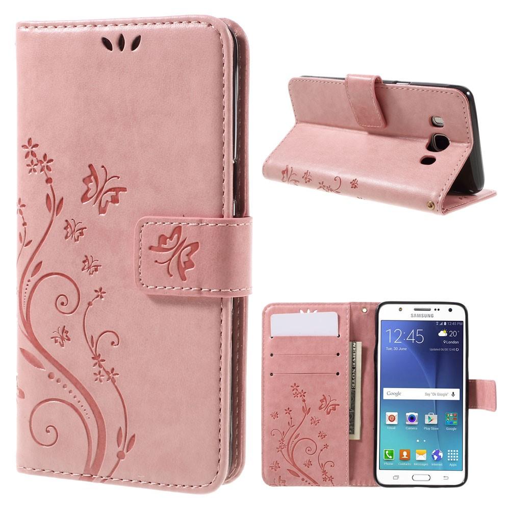 Funda de Cuero con Mariposas Samsung Galaxy J5 2016, Rosa