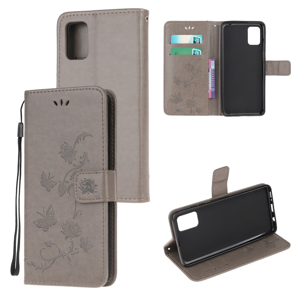 Funda de cuero con mariposas para Samsung Galaxy A02s, gris