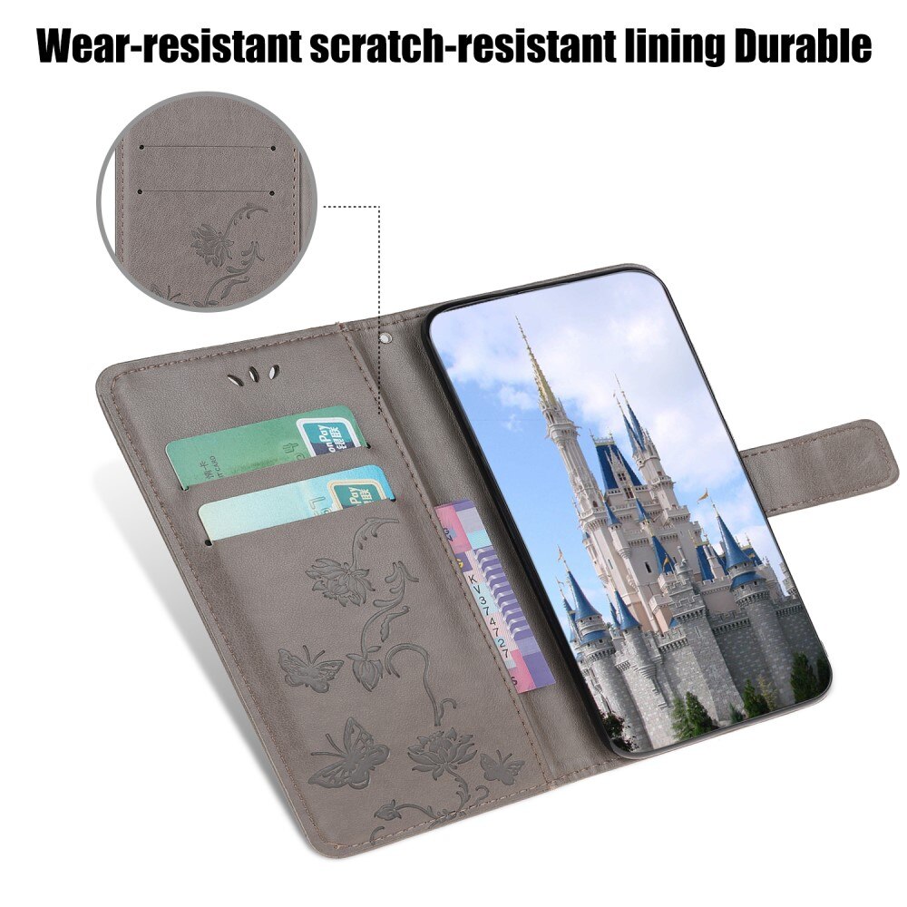 Funda de cuero con mariposas para Samsung Galaxy A22 5G, gris