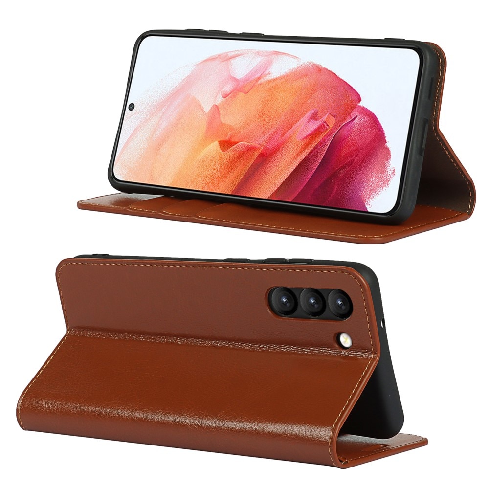 Funda cartera de cuero genuino Samsung Galaxy S21 FE Marrón