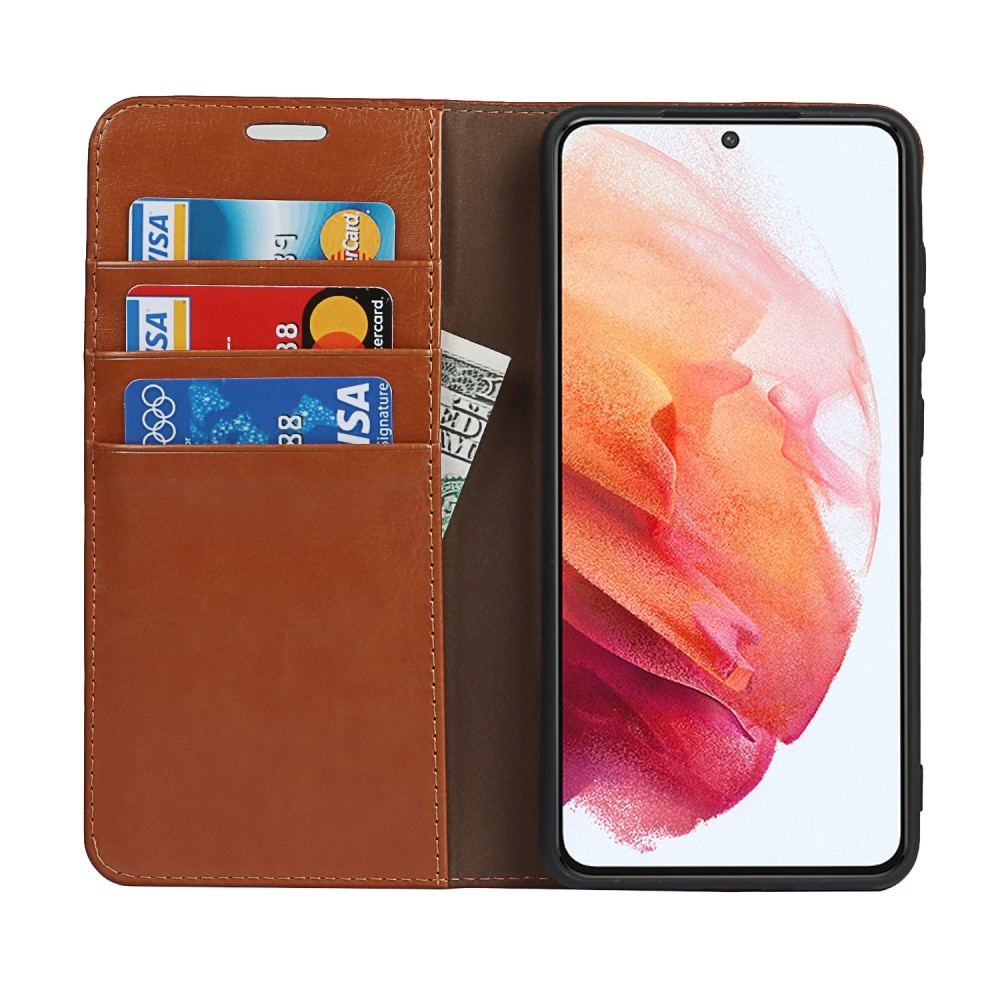 Funda cartera de cuero genuino Samsung Galaxy S21 FE Marrón